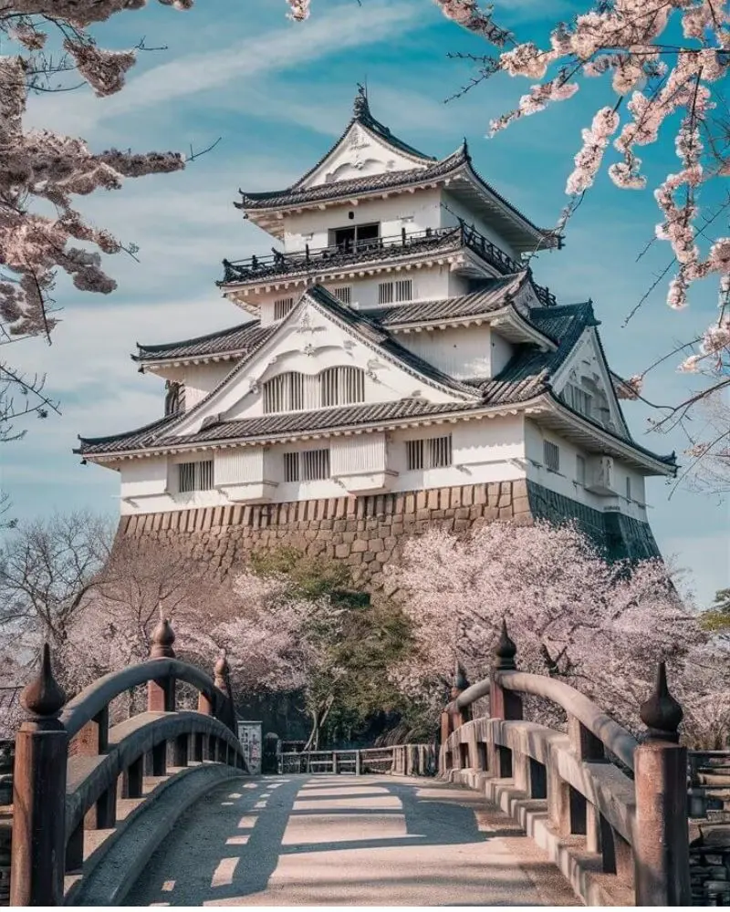 astillo japonés rodeado de cerezos en flor con puente de madera (primavera)