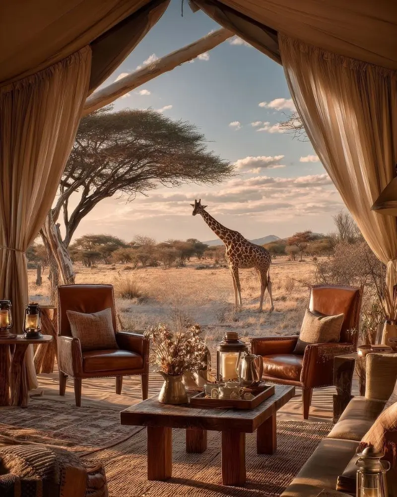 Interior de tienda de safari de lujo con jirafa frente a la carpa en la sabana al atardecer
